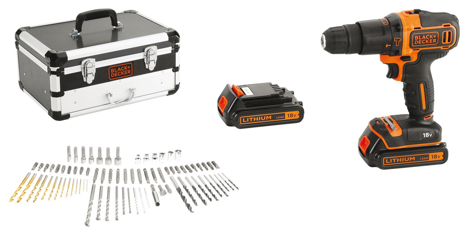 Trapano avvitatore a percussione con doppia batteria 18V in valigetta premium con set 80 accessori BLACK+DECKER BDC718AS2F