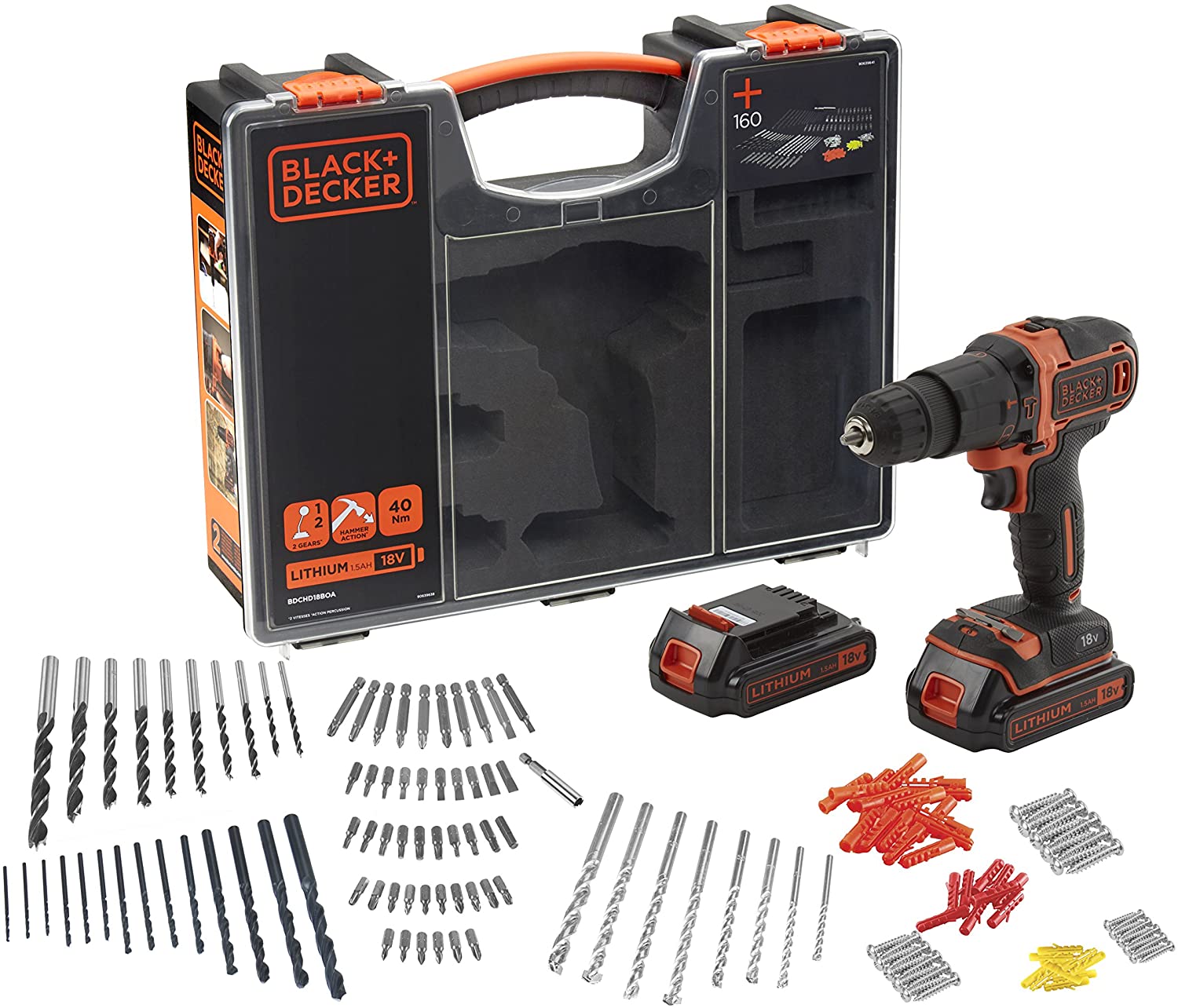 Trapano Avvitatore con valigetta premium contenente doppia batteria + 160 accessori BLACK+DECKER BDCHD18BOA