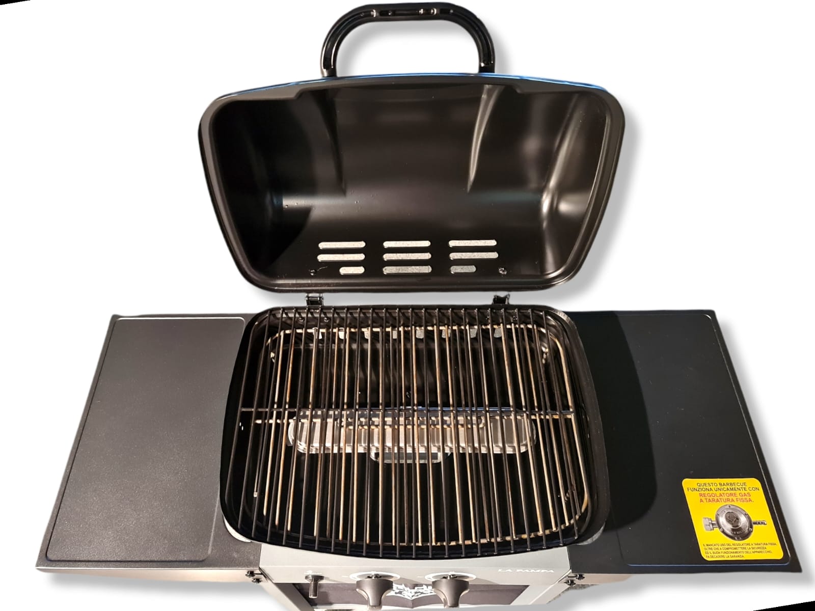 Barbecue a gas con pietra lavica e due bruciatori con coperchio La Pampa