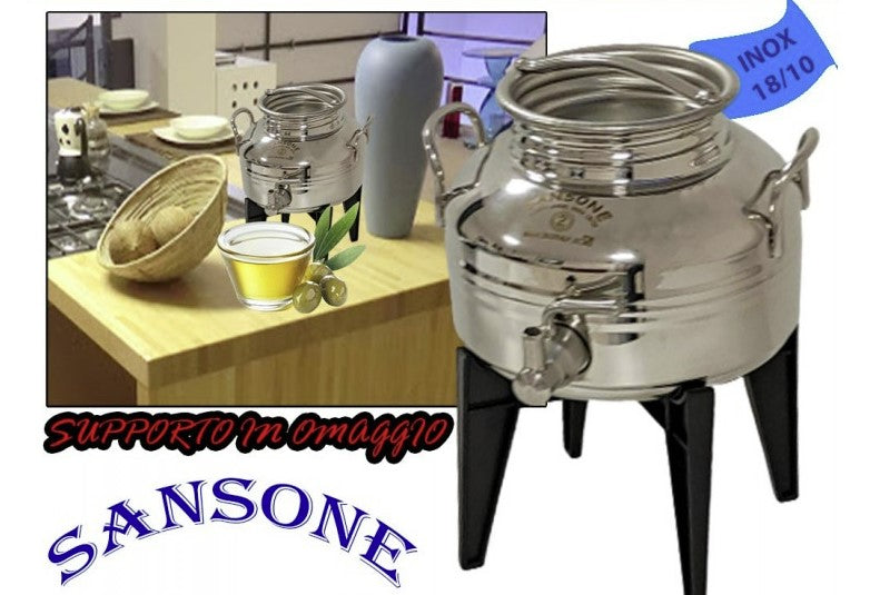 Bidone contenitore fusto acciaio inox per olio con supporto Sansone