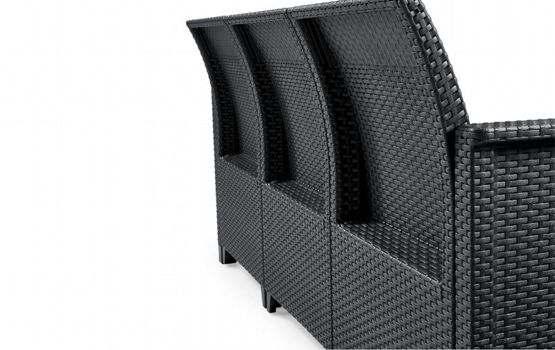 Salotto da giardino in resina effetto rattan divano tre posti tavolo più due poltrone Emma Lounge Keter