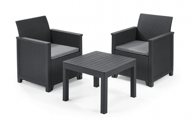 Salotto da giardino in resina effetto rattan tavolo più due poltrone Emma Balcony Keter