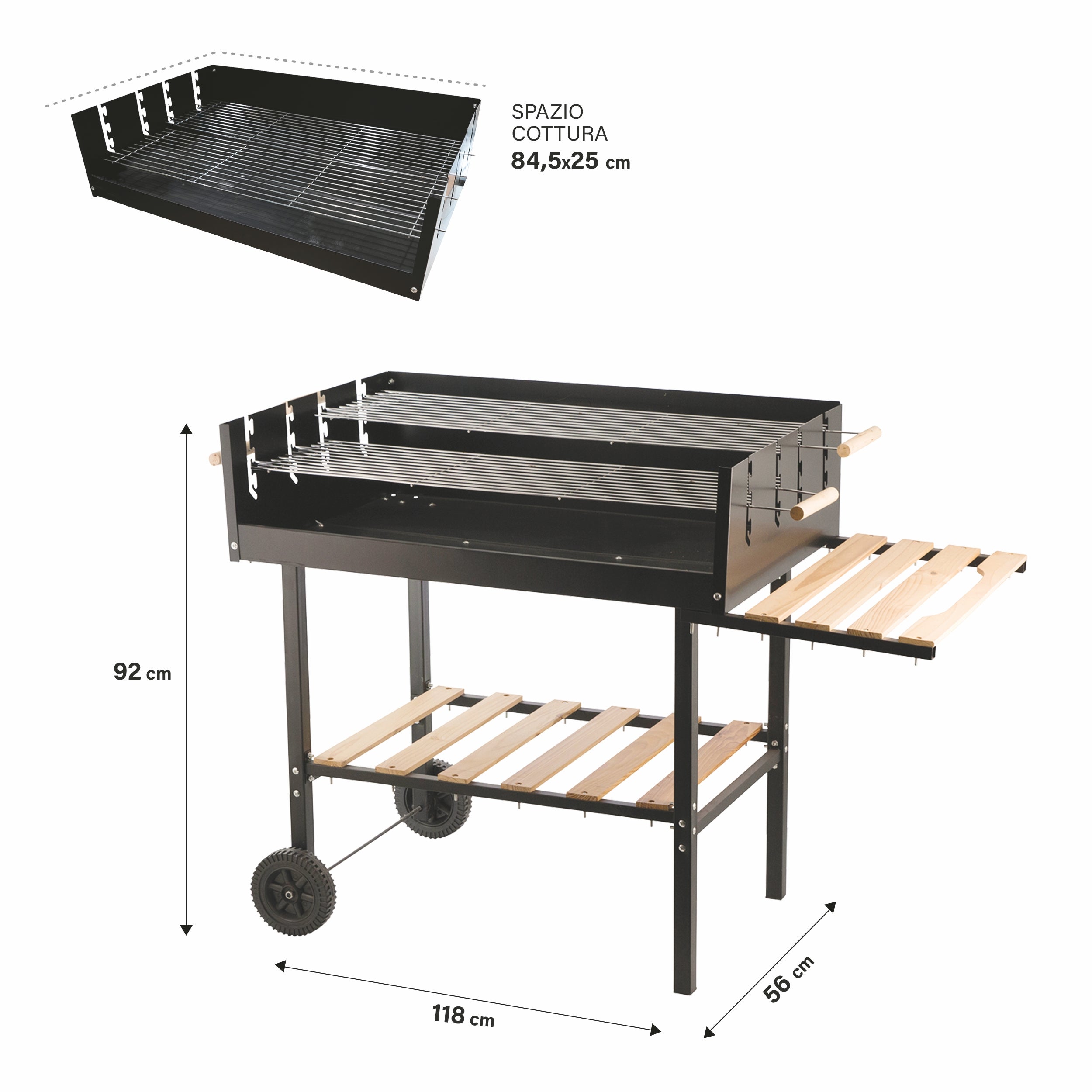 Barbecue rettangolare in metallo con ruote  ripiani in legno dop