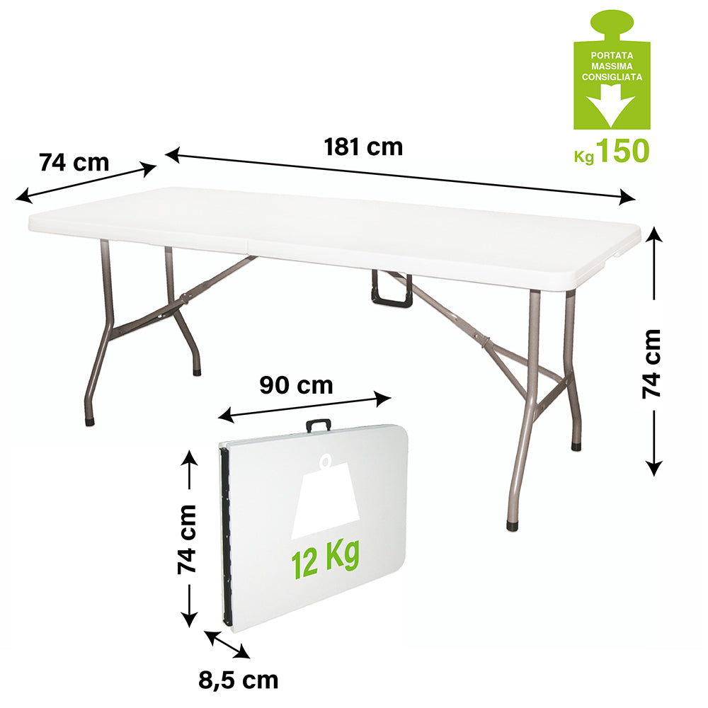 Tavolo rettangolare bianco 181x74xh74 cm chiudibile salvaspazio a valigetta per catering o viaggi Polyfold