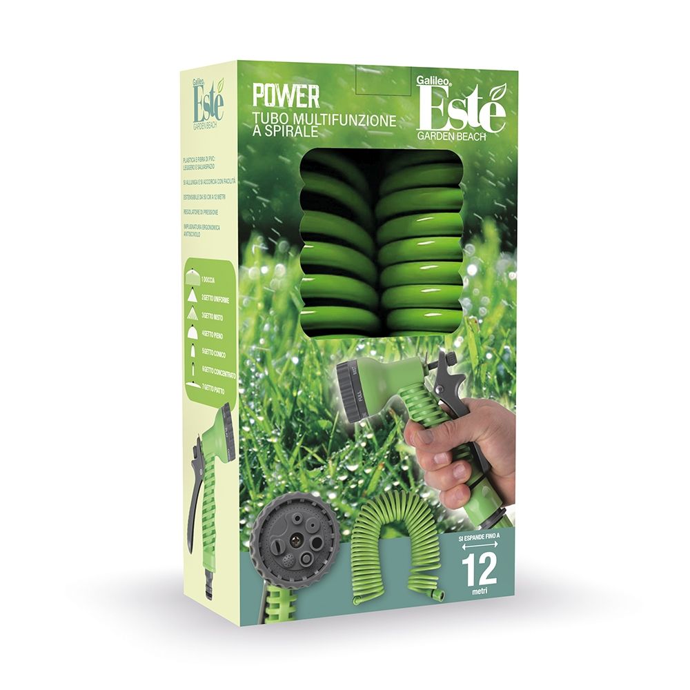 Tubo da giardino multifunzione a spirale estensibile fino a 12 m con pistola multigetto regolabile Power