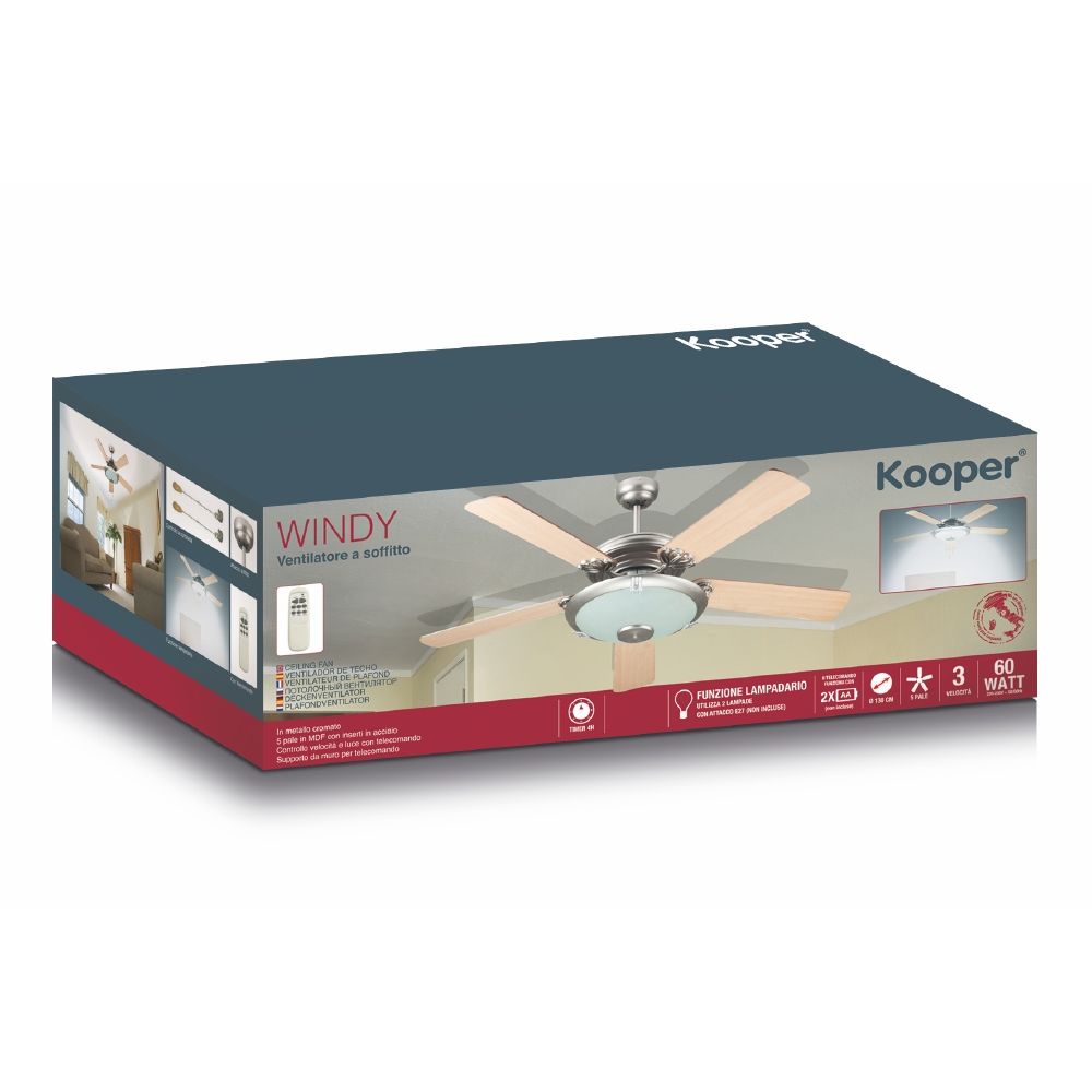 Ventilatore lampadario a soffitto Ø130 cm con 5 pale in MDF con telecomando Windy