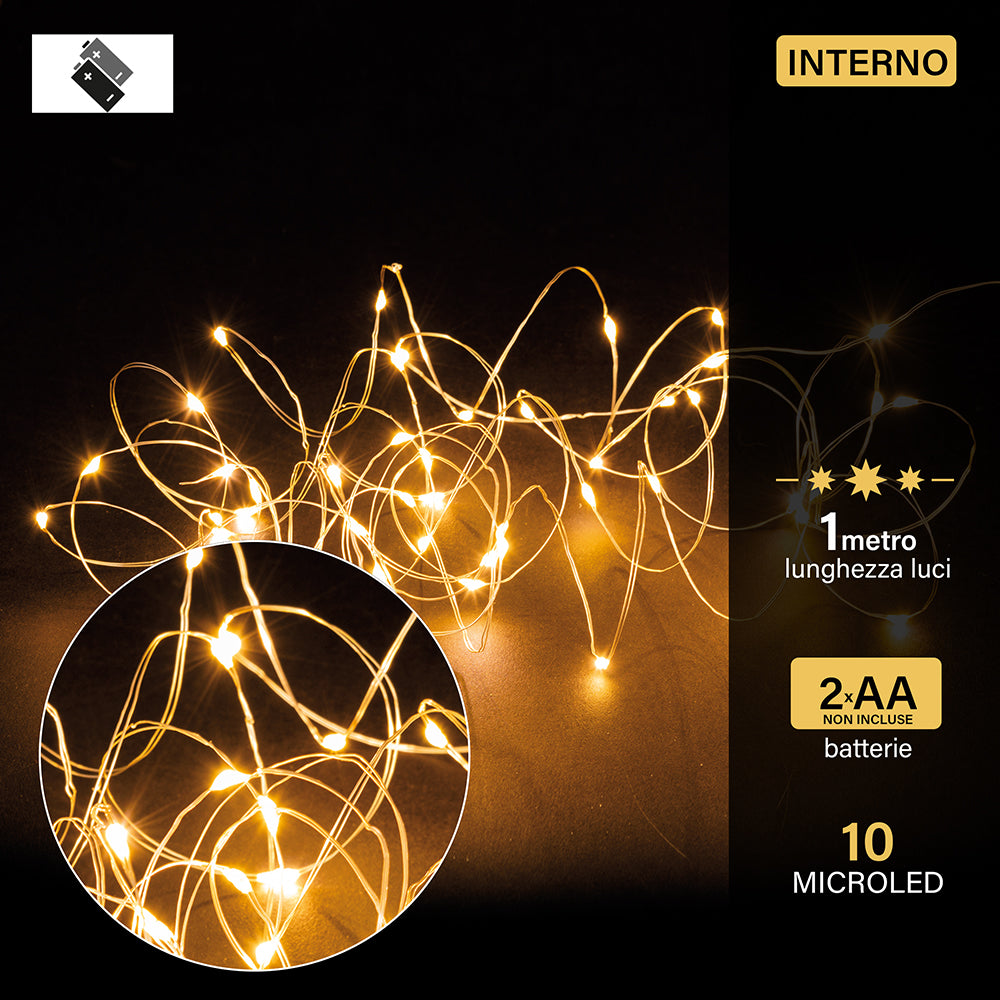 Luci natalizie filo da 10 led a batteria bianco caldo per uso interno 1 metro 0,6W