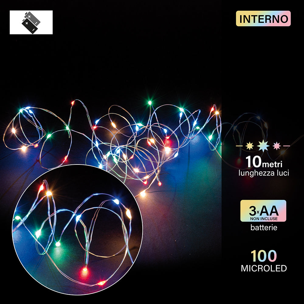 Filo 100 microled a batteria multicolor, usointerno 10 m 6W