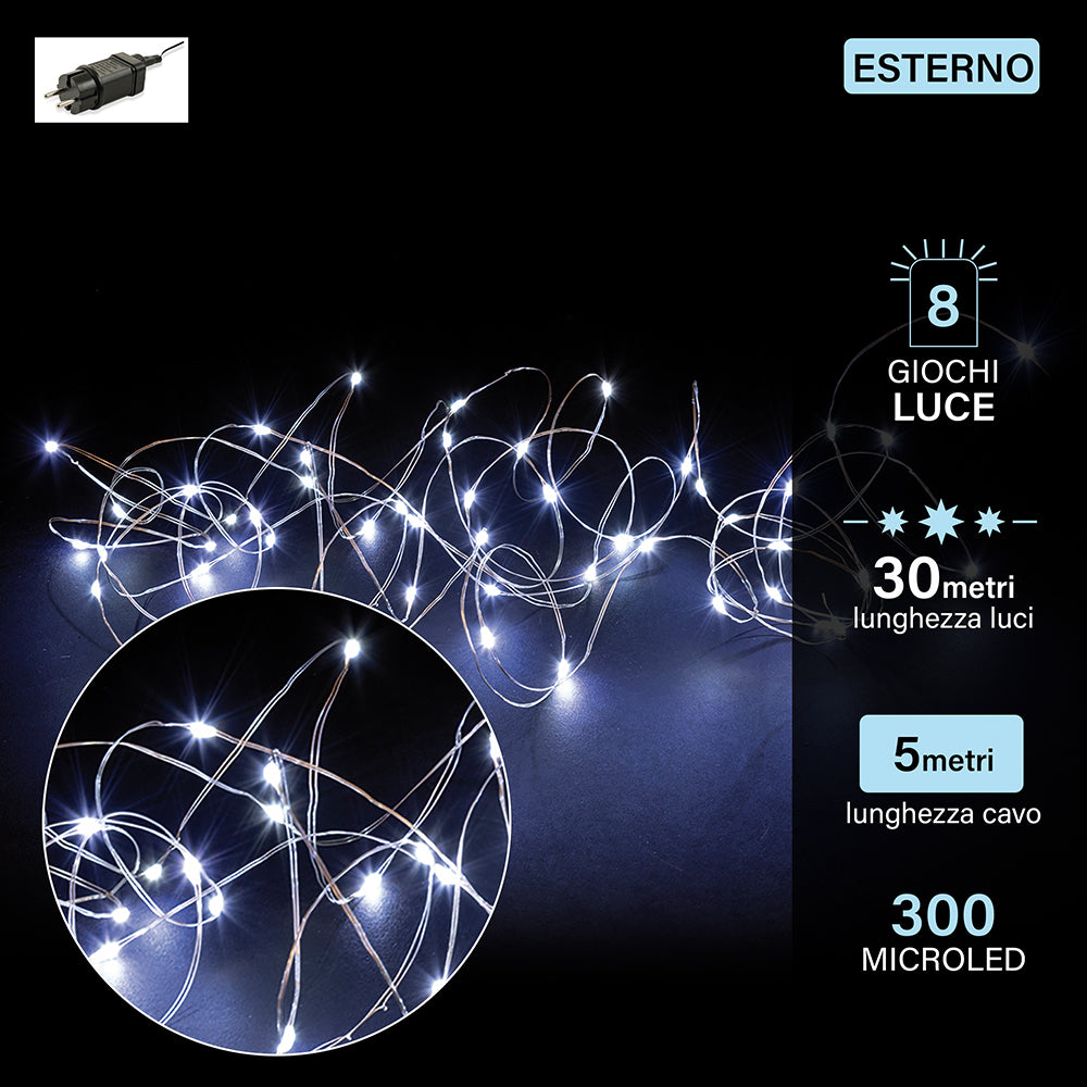 Filo 300 microled bianco freddo, uso esterno, 8giochi luce, 30 m 4,8W