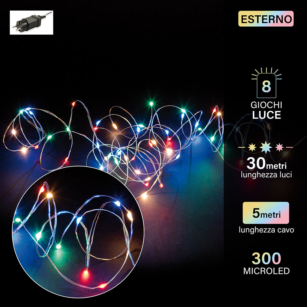 Filo 300 microled multicolor, uso esterno, 8giochi luce, 30 m 4,8W