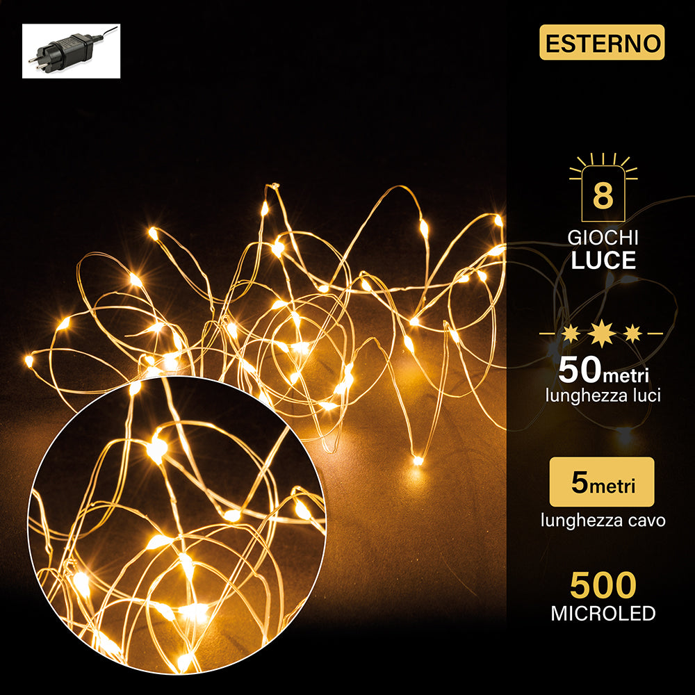 Filo 500 microled bianco caldo, uso esterno, 8giochi luce, 55 m 4,2W