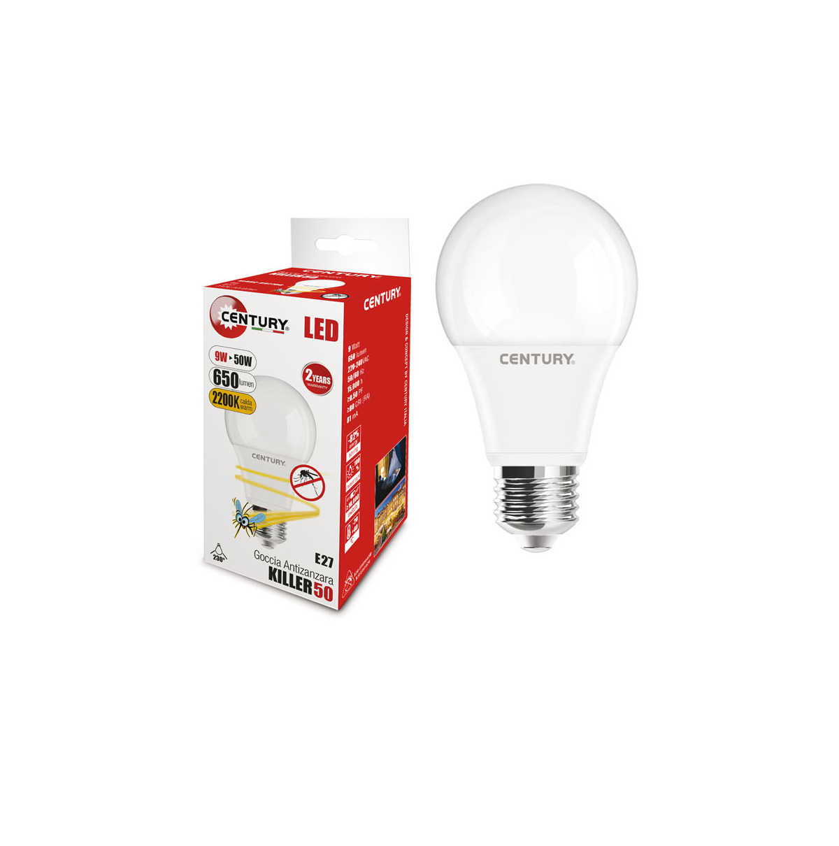 Lampadina Led Antizanzare 9W E27 atossica e sicura Century