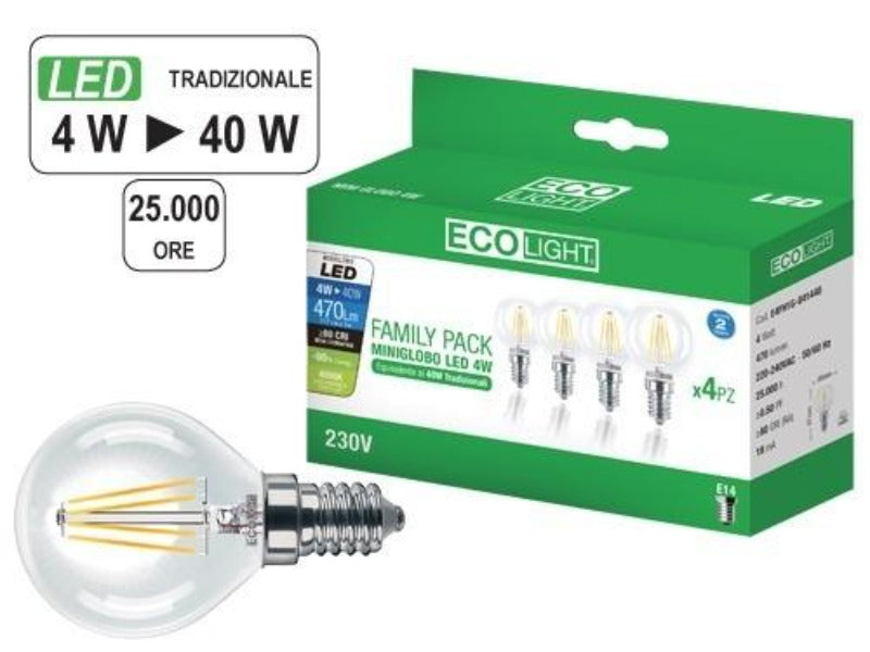 Kit 4 Lampadine a LED con filamento miniglobo E14 EcoLight 4W