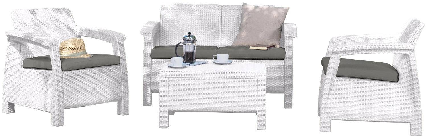 Set salotto completo da giardino poltrone divano e tavolino rattan Keter Corfù bianco