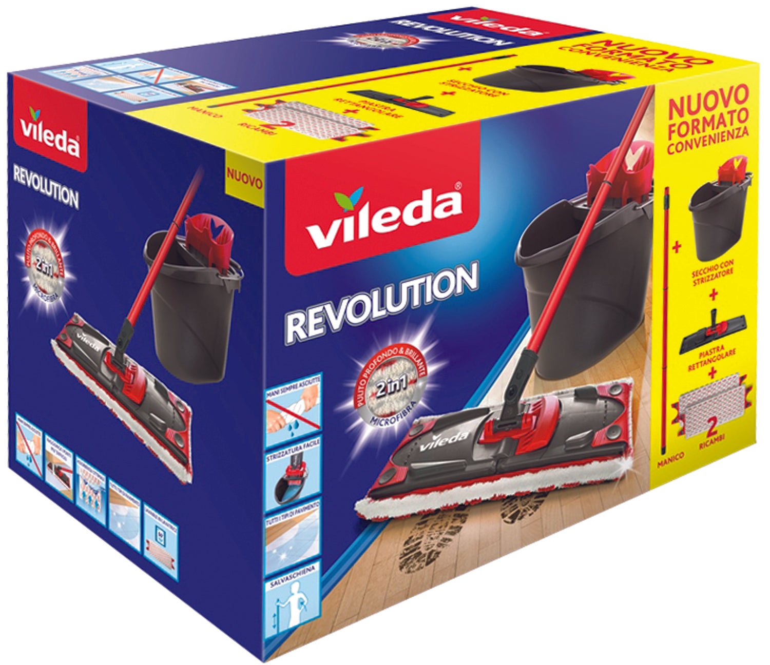 Vileda Supermocio Revolution completo di secchio con strizzatore e spazzolone con panno microfibra Sistema box