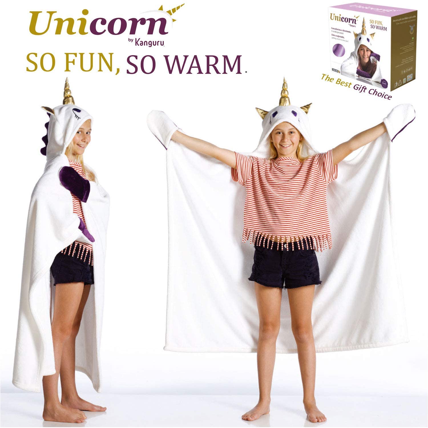 Coperta plaid mantella con cappuccio e guanti Unicorno Blanket Kanguru