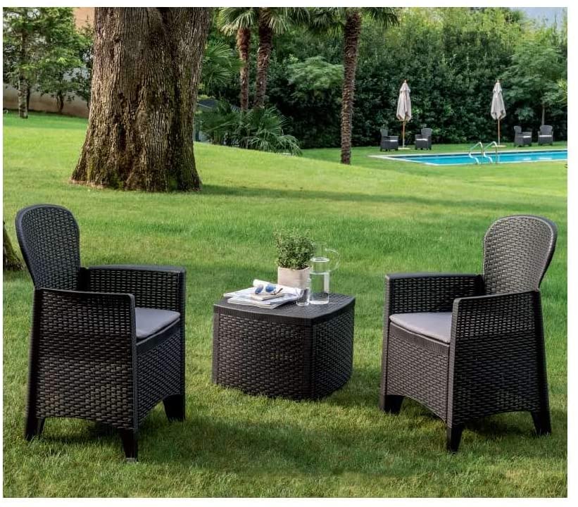 Salotto set da giardino esterno due poltrone e tavolino contenitore effetto rattan antracite Tree