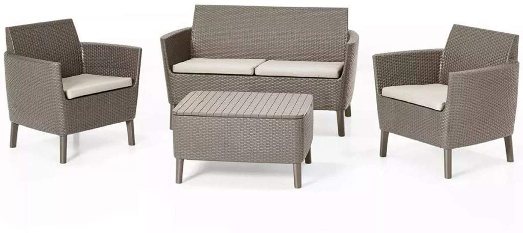 Salotto arredo completo di tavolo contenitore divano e poltrone Set Rattan Salemo  Cappuccino Keter