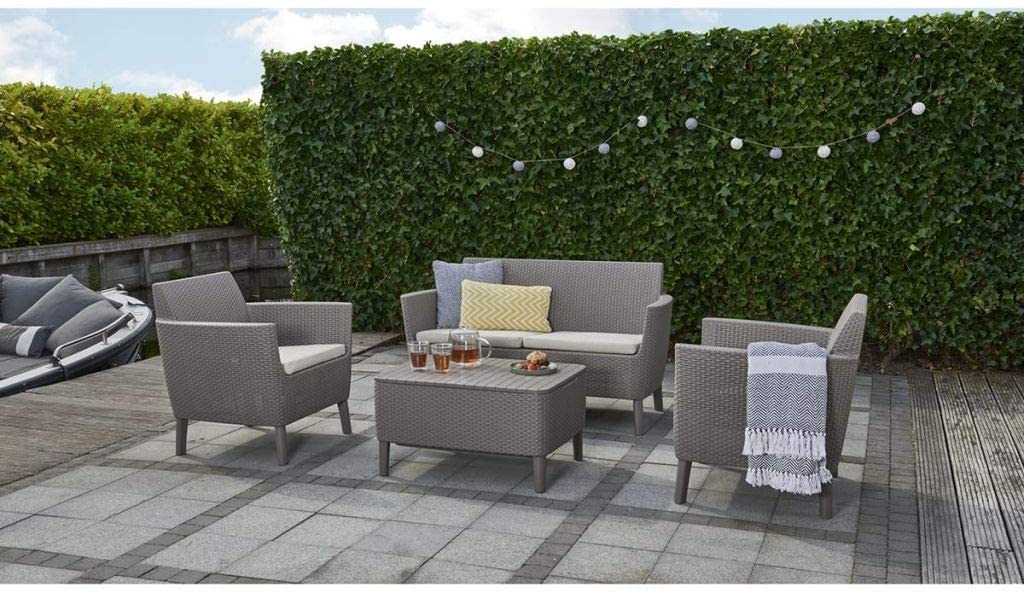 Salotto arredo completo di tavolo contenitore divano e poltrone Set Rattan Salemo  Cappuccino Keter