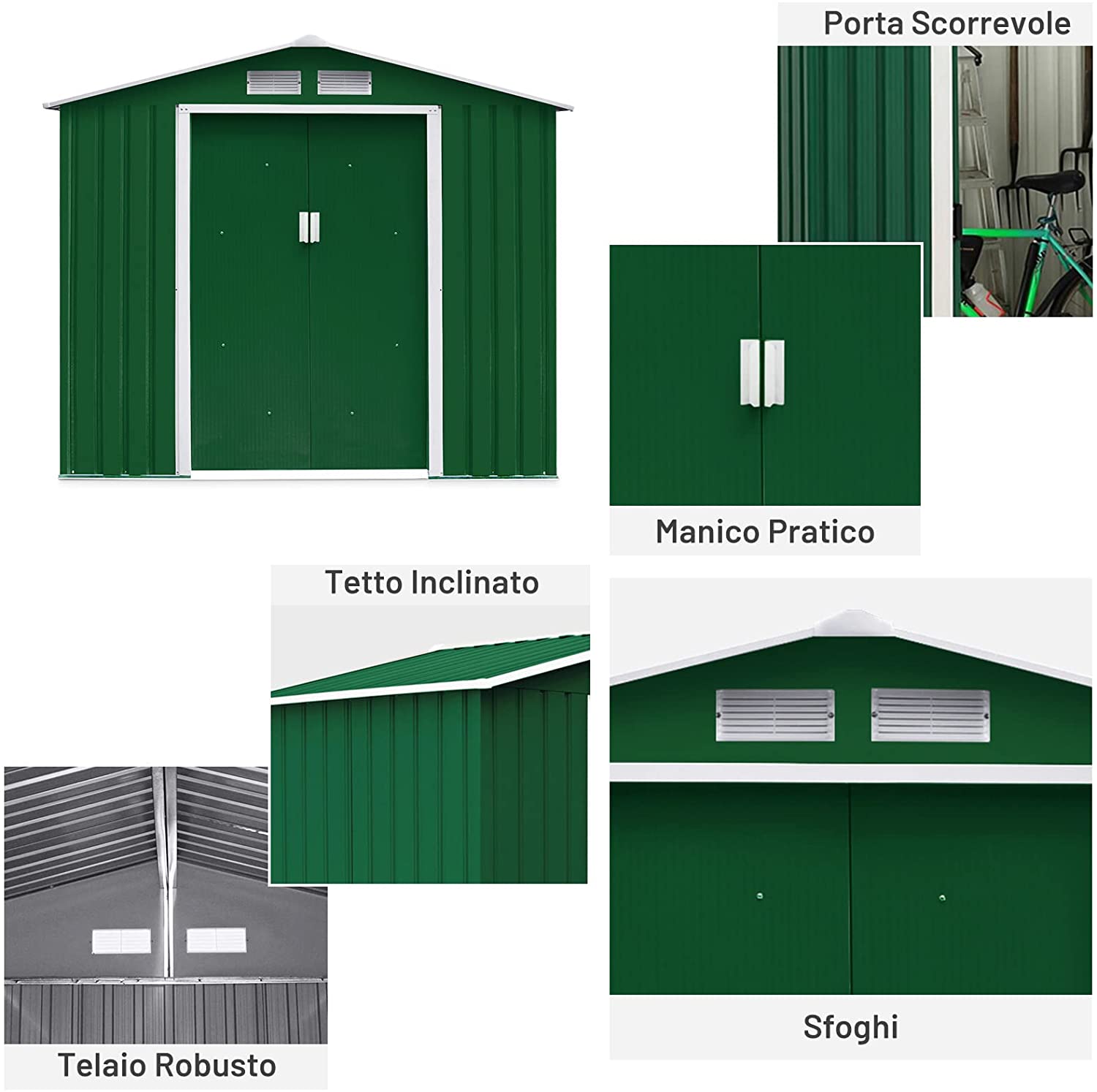 Casetta box deposito porta attrezzi in lamiera cm 213x127 verde con 2 po