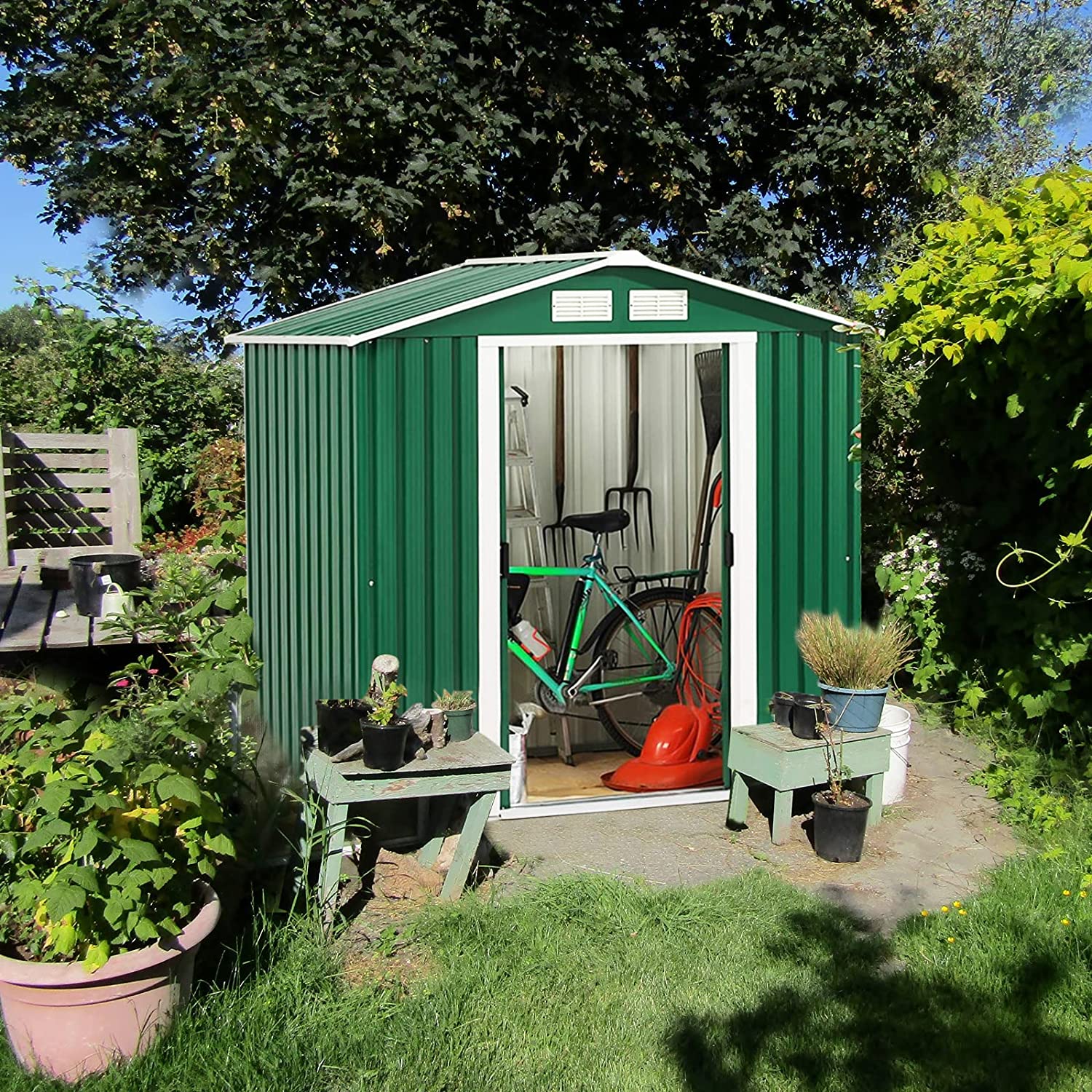 Casetta box deposito porta attrezzi in lamiera cm 213x127 verde con 2 po