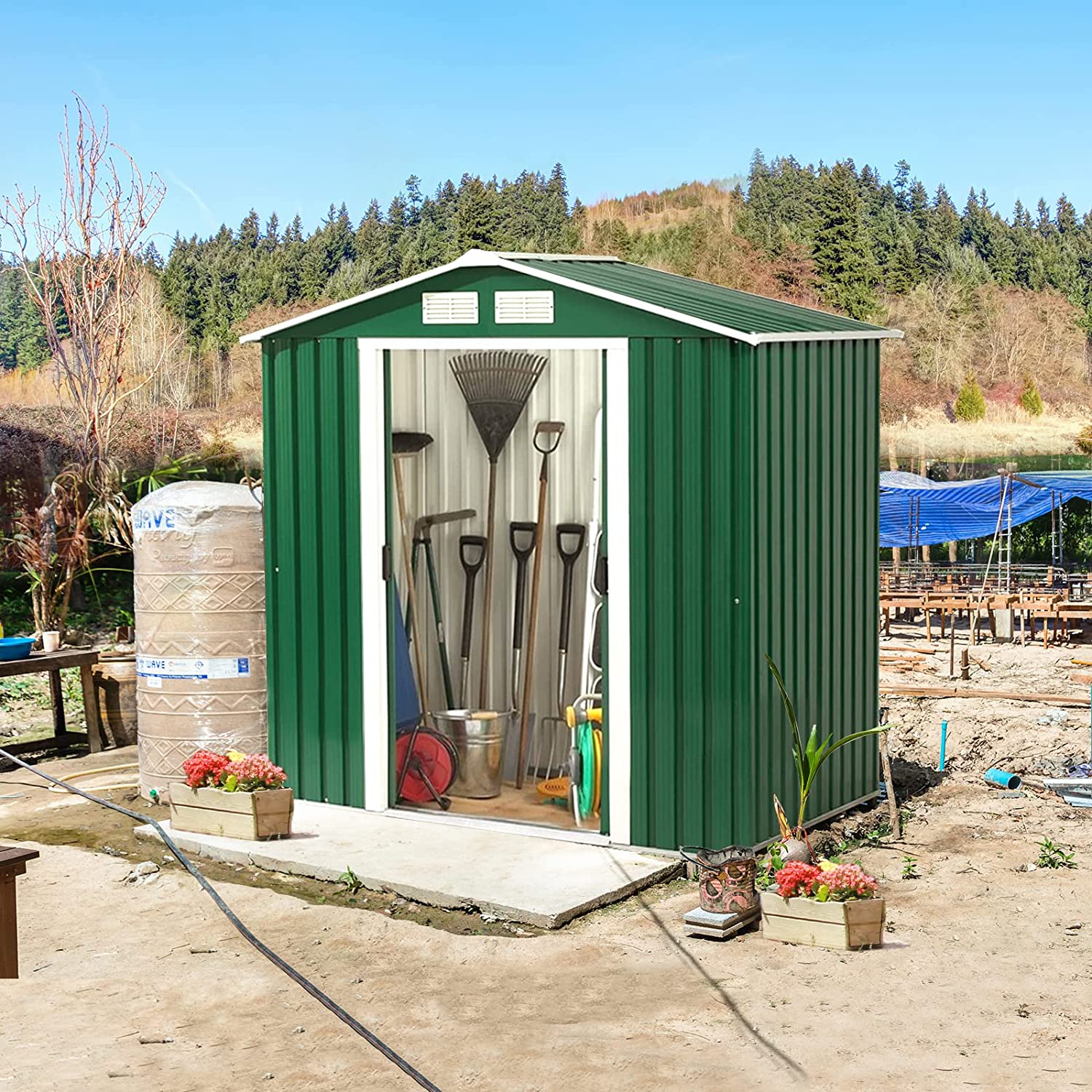 Casetta box deposito porta attrezzi in lamiera cm 277x191 verde con 2 po