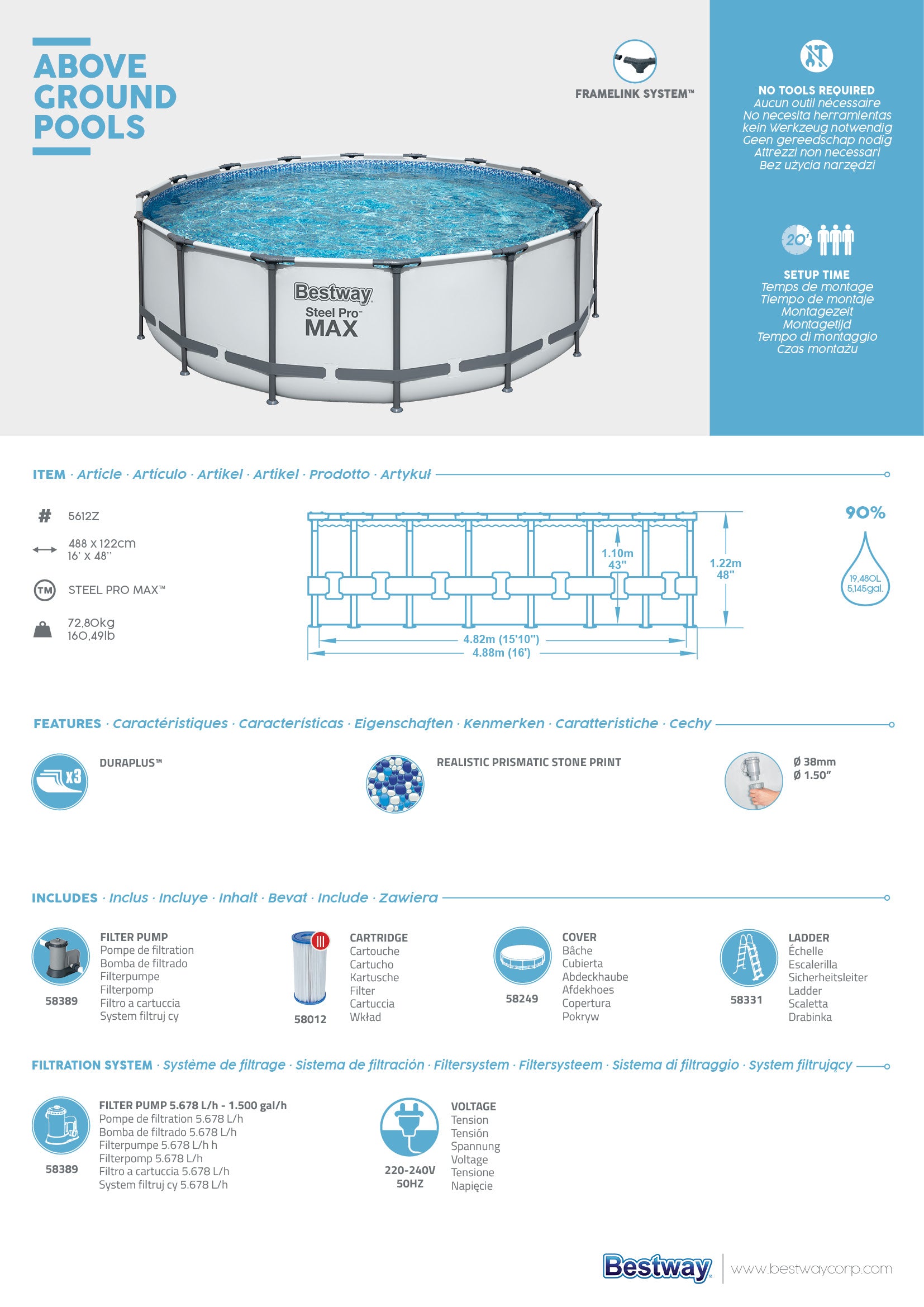 Piscina rotonda Steel Pro MAX in acciaio 488x122 cm Bestway 5612Z