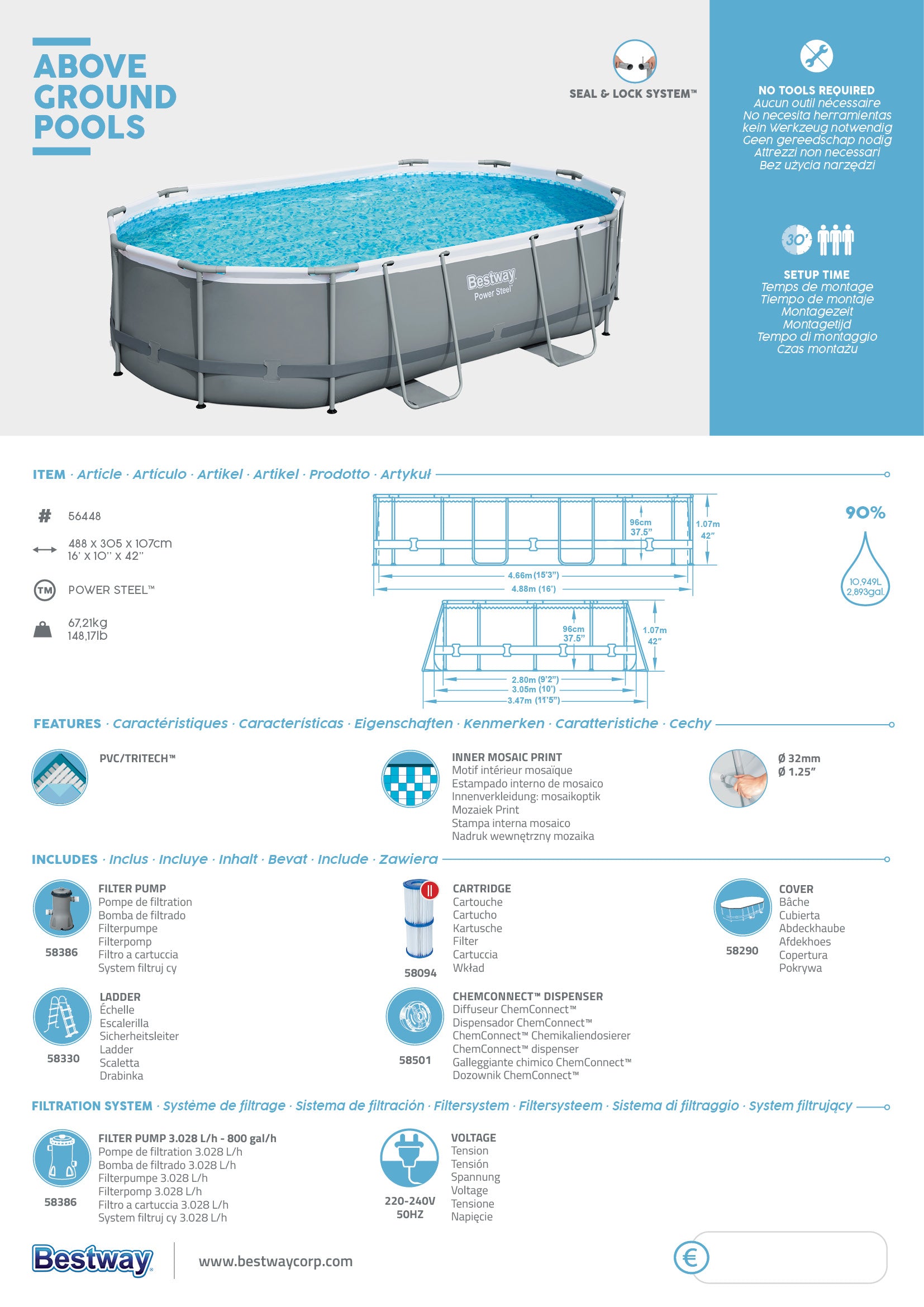 Piscina fuori terra Ovale Power Steel da 488X305X107 cm Bestway 56448