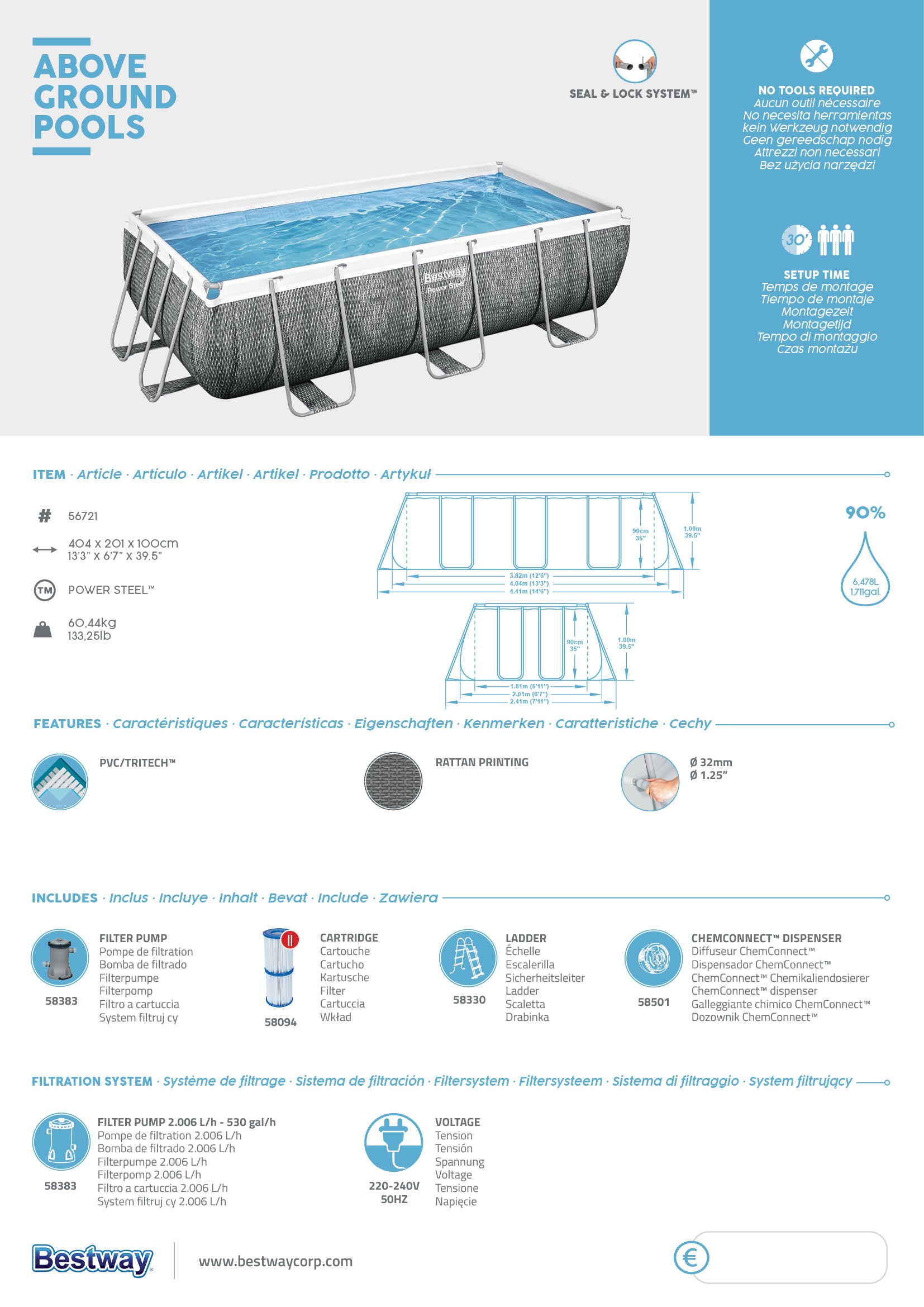 Piscina con struttura rettangolare rattan 4.04m x 2.01m x 1.00m Power Steel Bestway 56721