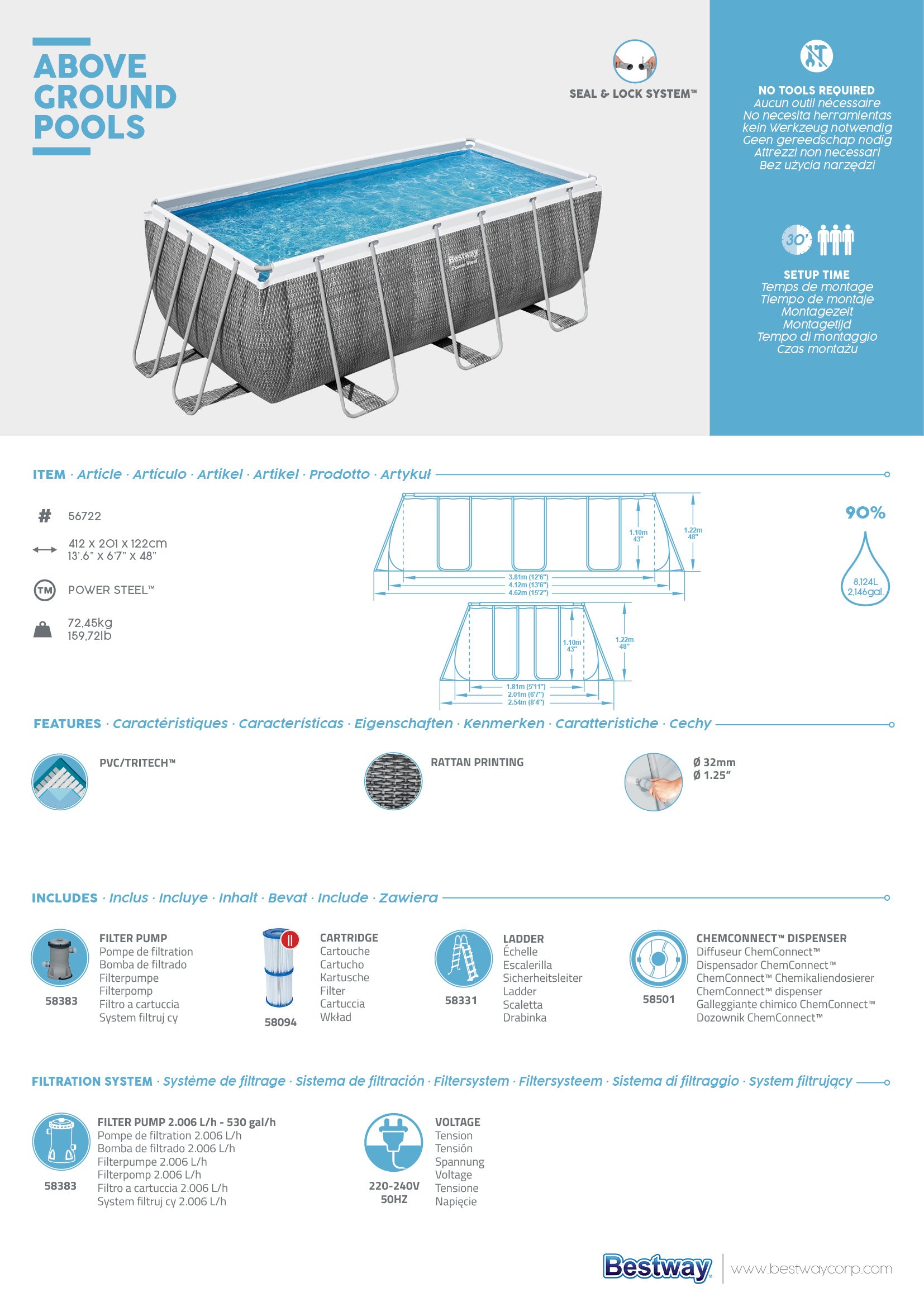 Piscina con struttura rettangolare rattan 4.12m x 2.01m x 1.22m Power Steel Bestway 56722