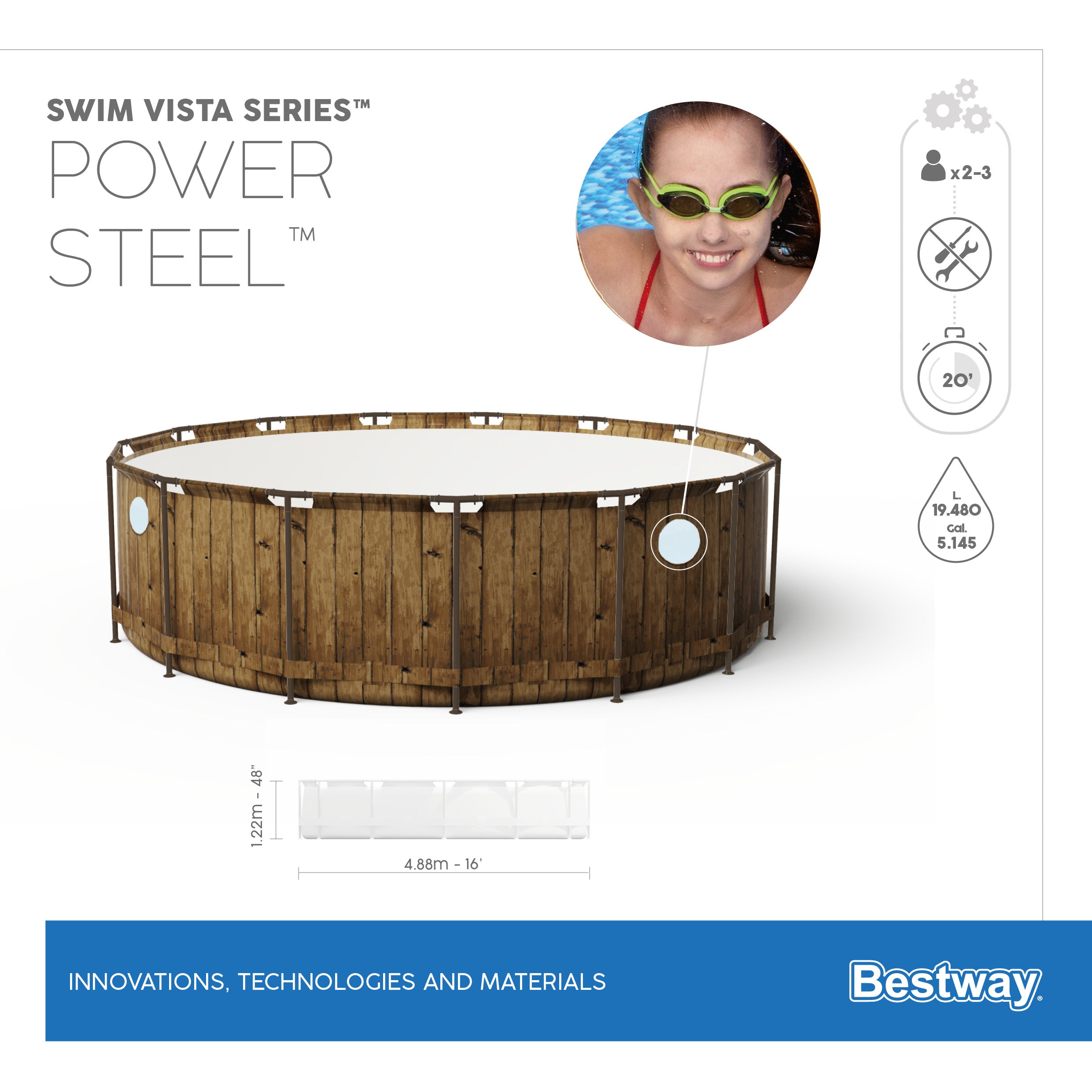 Piscina tonda Power Steel Swim Vista Series Con Oblò 488X122 Bestway 56725