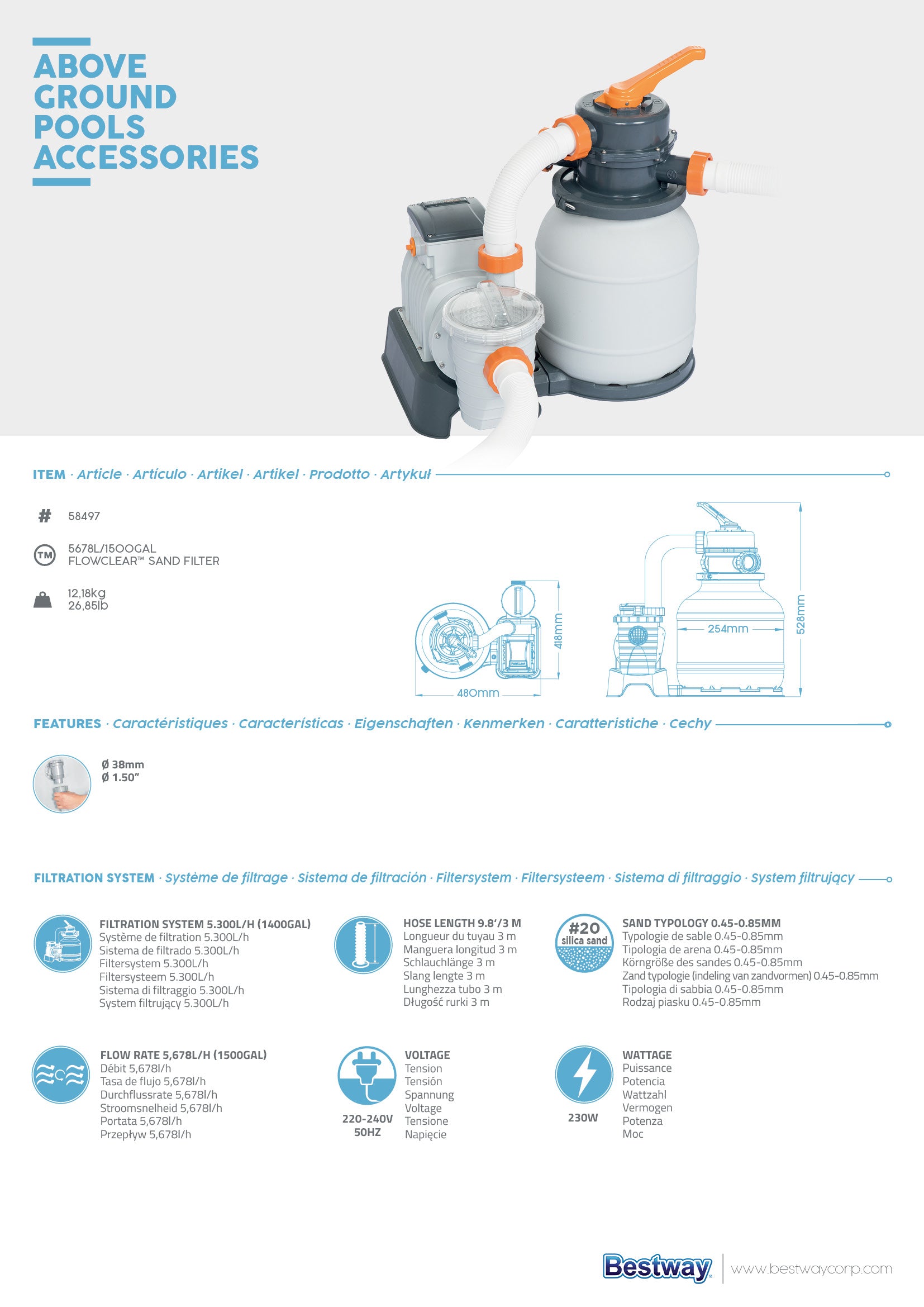 Pompa Filtro a Sabbia depuratore monoblocco per piscine 5678 lt per ora Bestway 58497