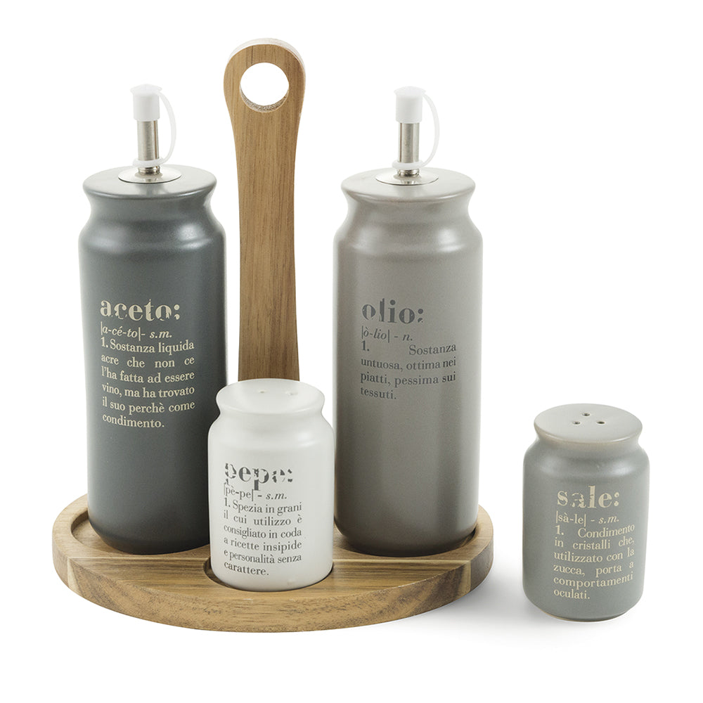 Set olio, aceto, sale e pepe in gres, stand in bamboo, Victionary