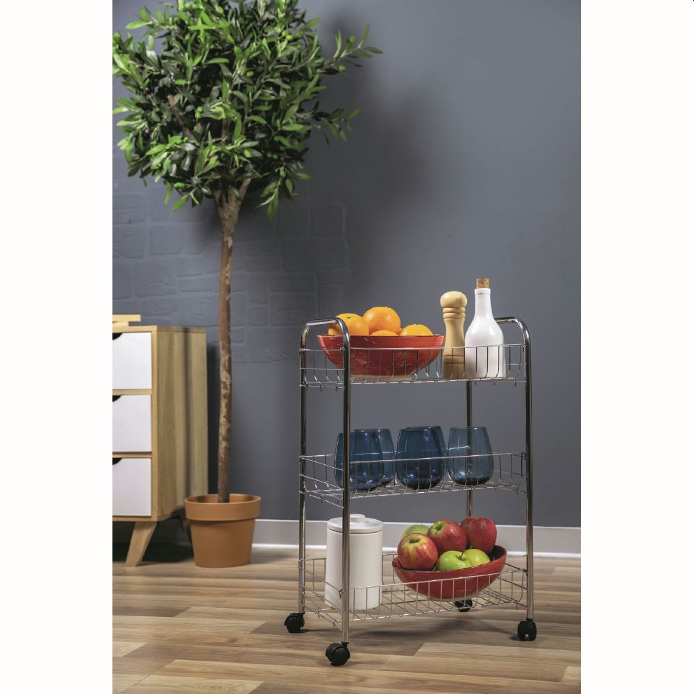 Carrello da cucina con ruote, 3 ripiani, in metallo cromato 40x26xh.62 cm