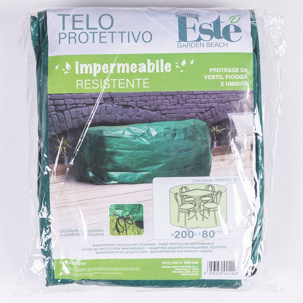 Telo cover protettivo Ø200xh80 cm impermeabile per tavolo tondo e sedie giardino con cordino di chiusura