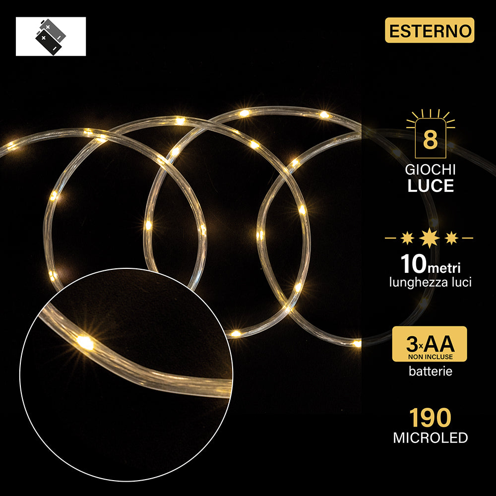 Tubo 190 microled a batteria bianco caldo, 8giochi luce, uso esterno 10 m