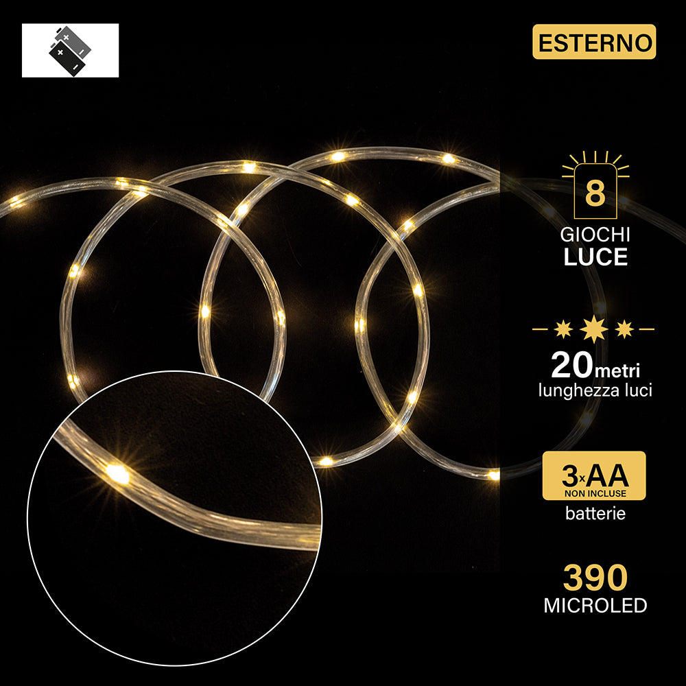 Luci natalizie tubo 390 microled a batteria 8 giochi luce per uso esterno 20 metri