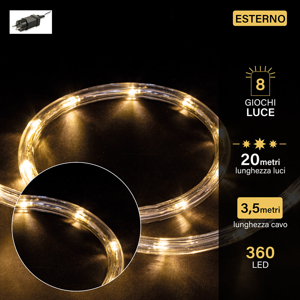 Tubo luminoso 20 metri con 360 luci led bianco freddo 8 giochi luce per uso esterno