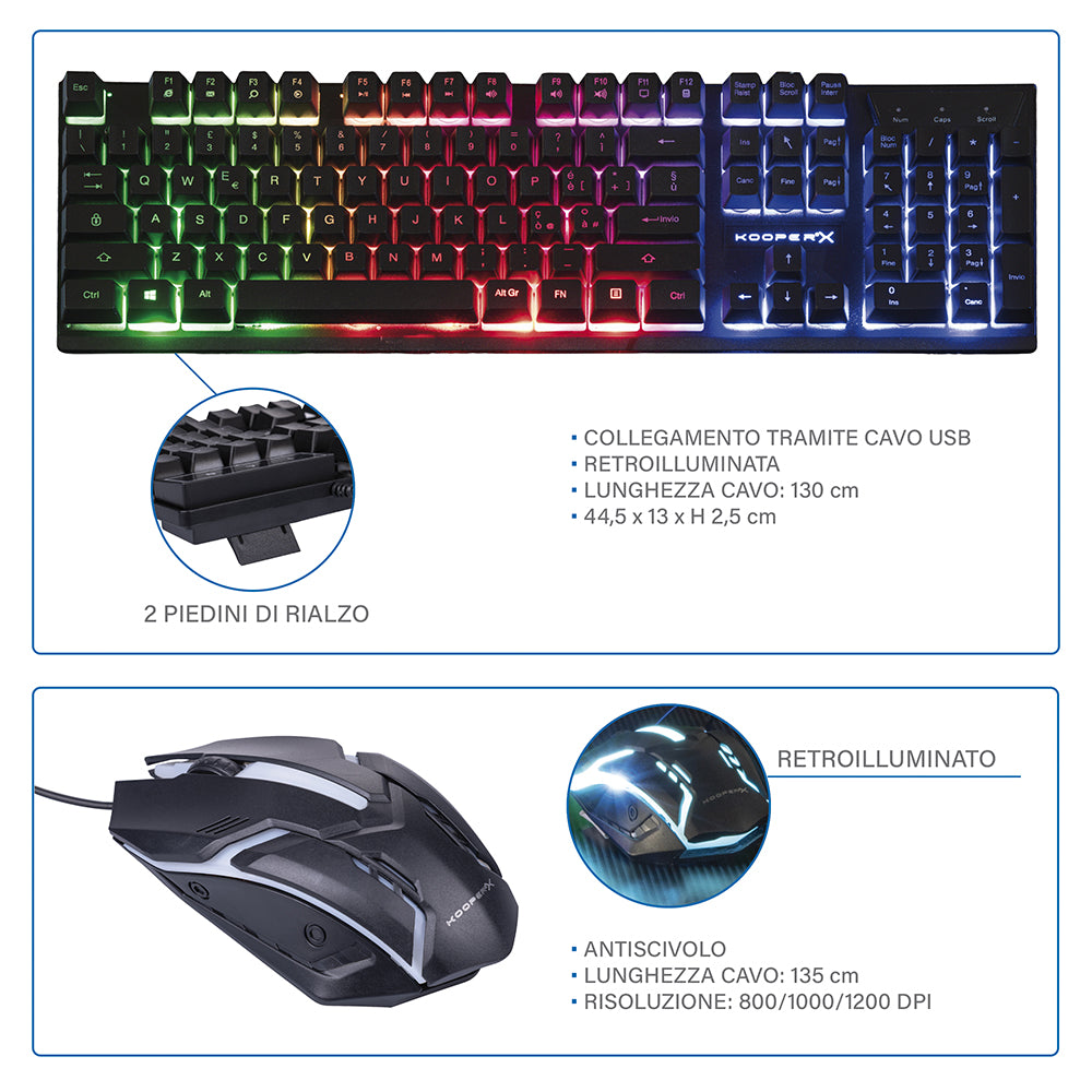 Set gaming mouse tappetino cuffie doppio splitter e tastiera meccanica con illuminazione colorata RGB KooperX