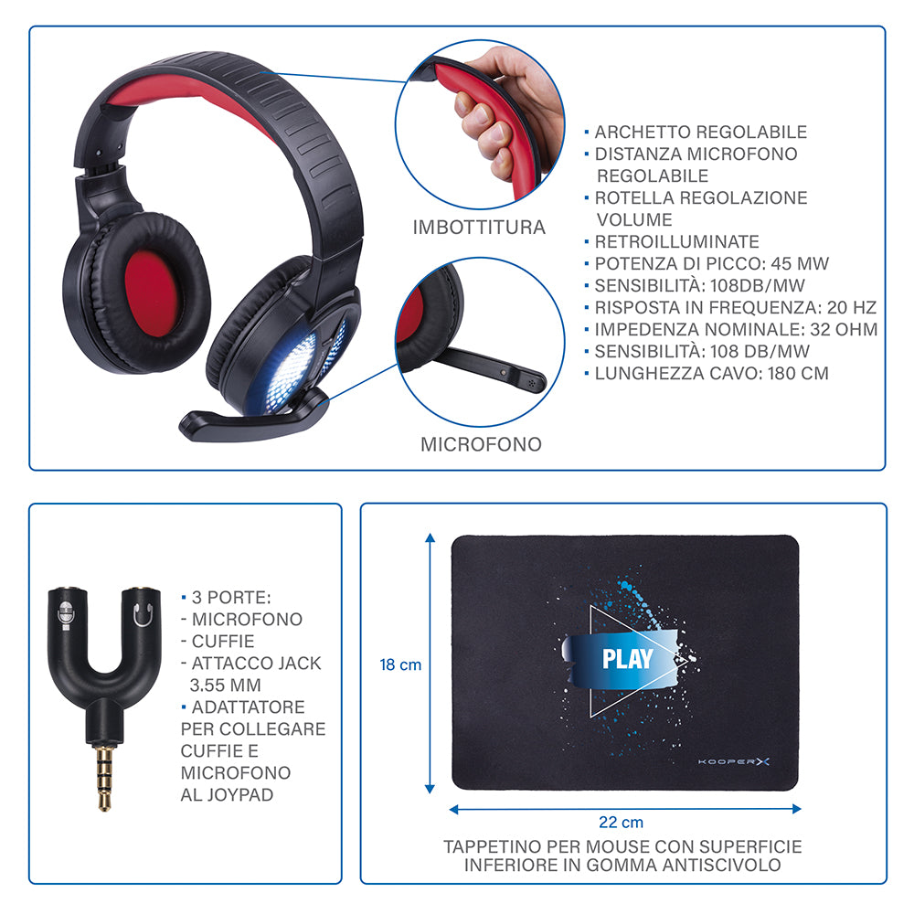 KIT GAMING PER PC CON TASTIERA CUFFIA CON MICROFONO TAPPETINO