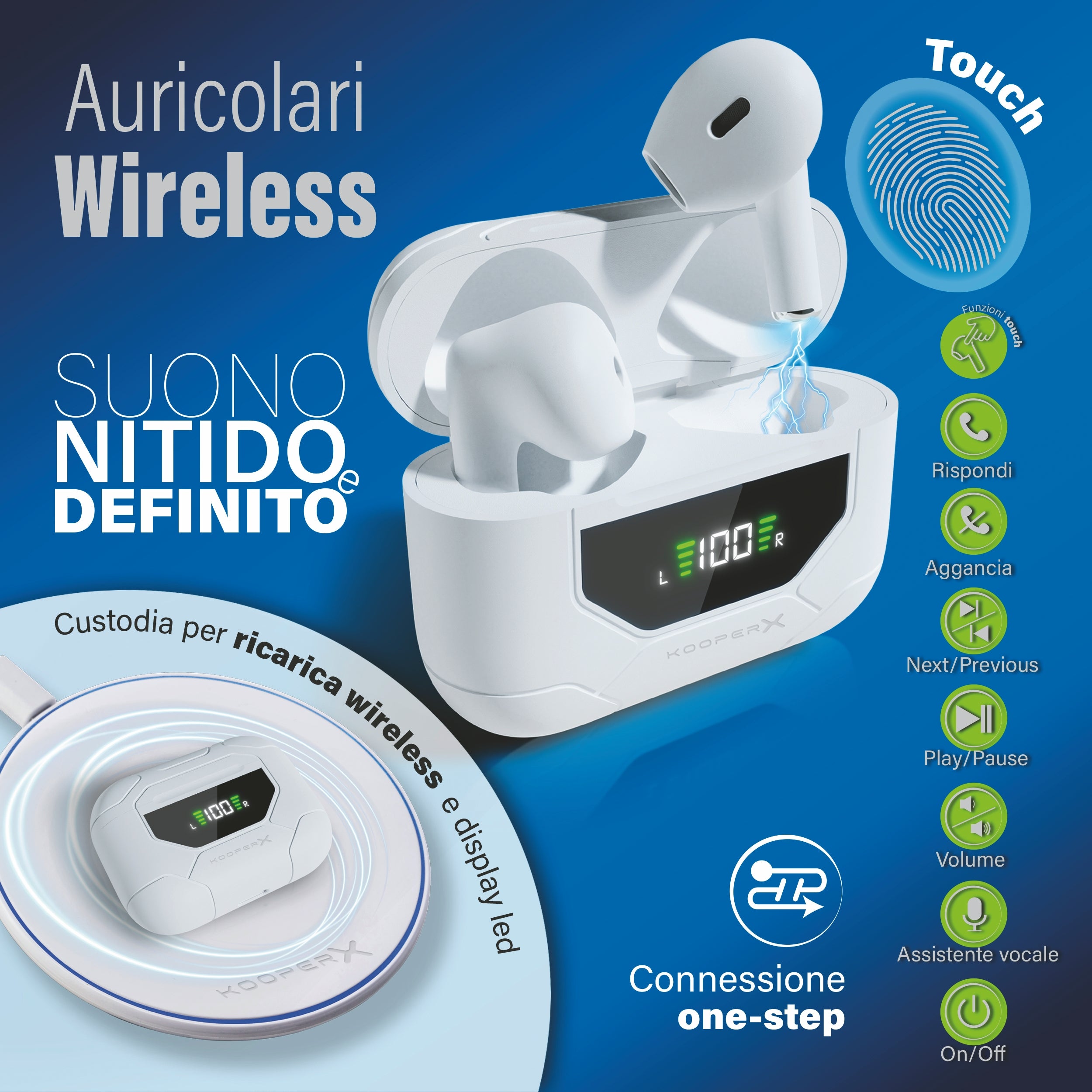 Auricolari wireless con custodia di ricarica e display led  conn