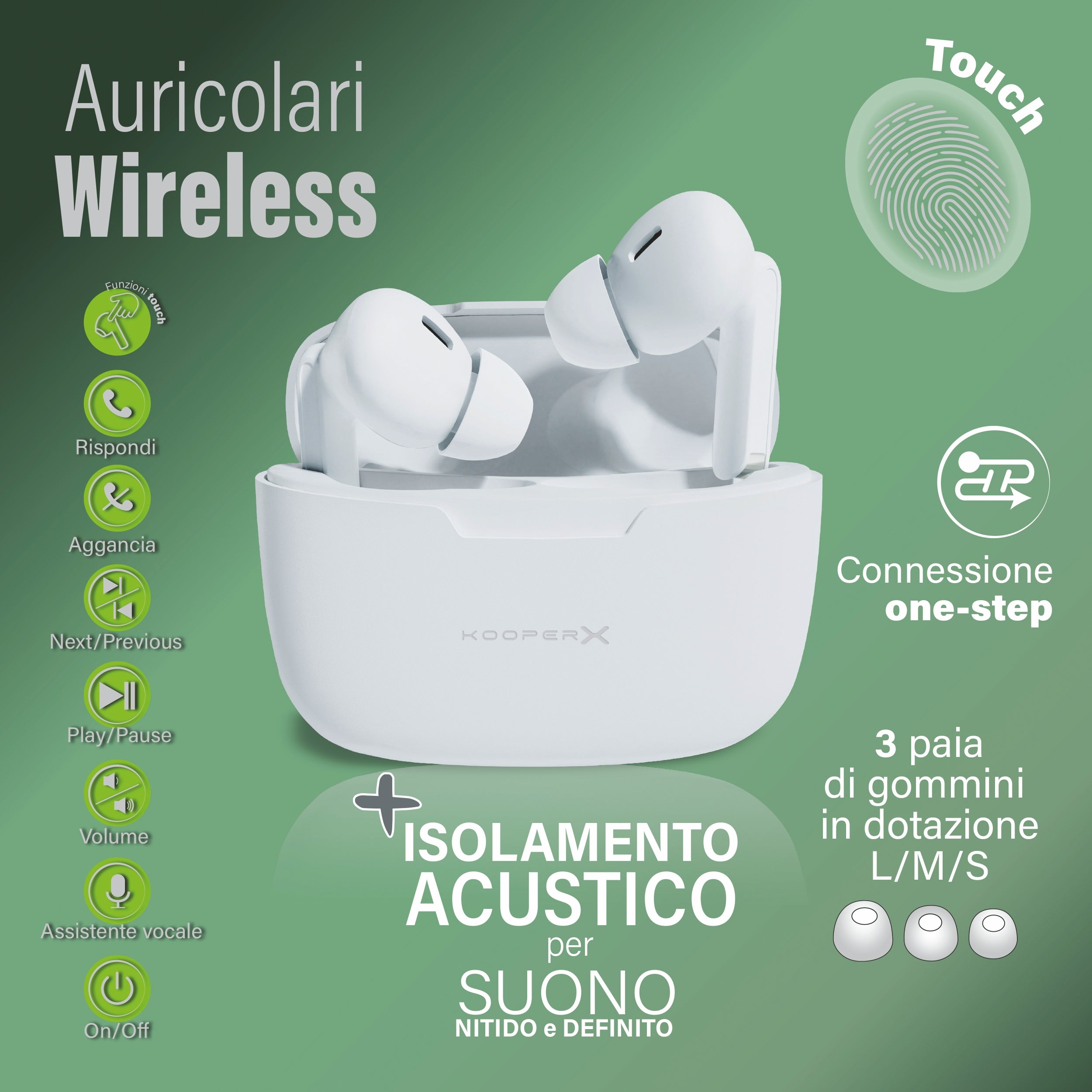 Auricolari wireless con sensori smart e custodia di ricarica