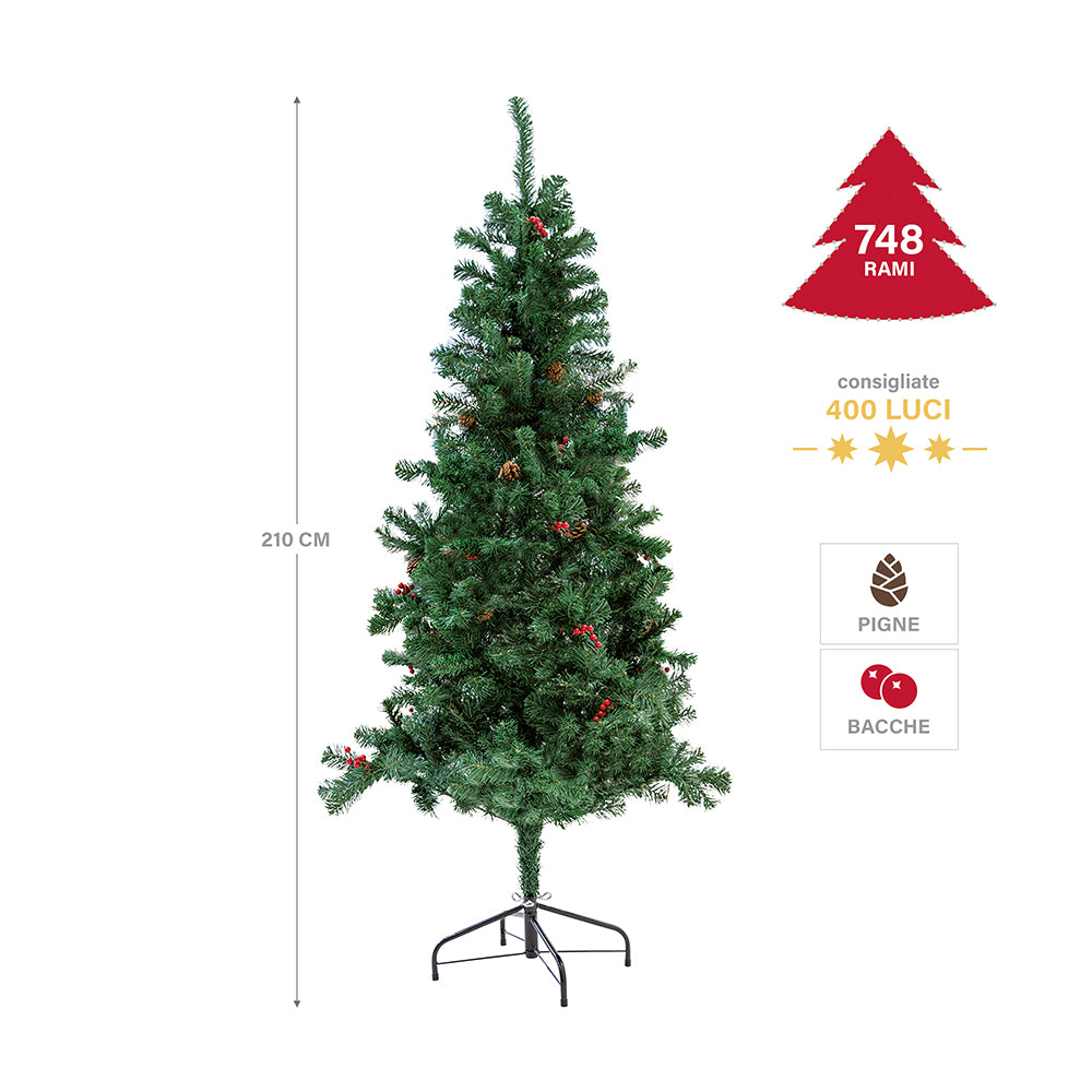 Albero di natale abete verde con pigne e bacche struttura ad incastro e base in metallo Sestriere Superior