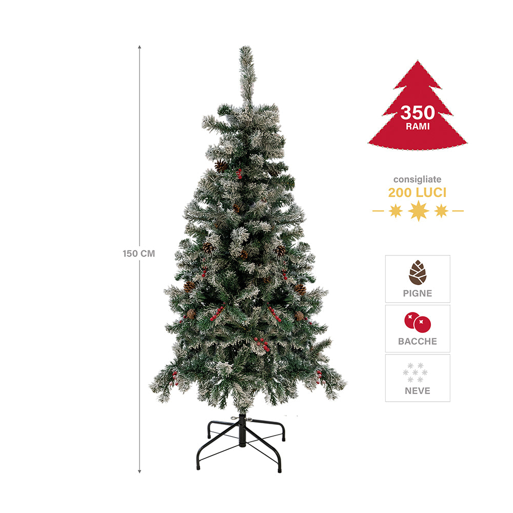 Albero di Natale innevato con pigne e bacche 350 rami h. 150 cm, Sestriere