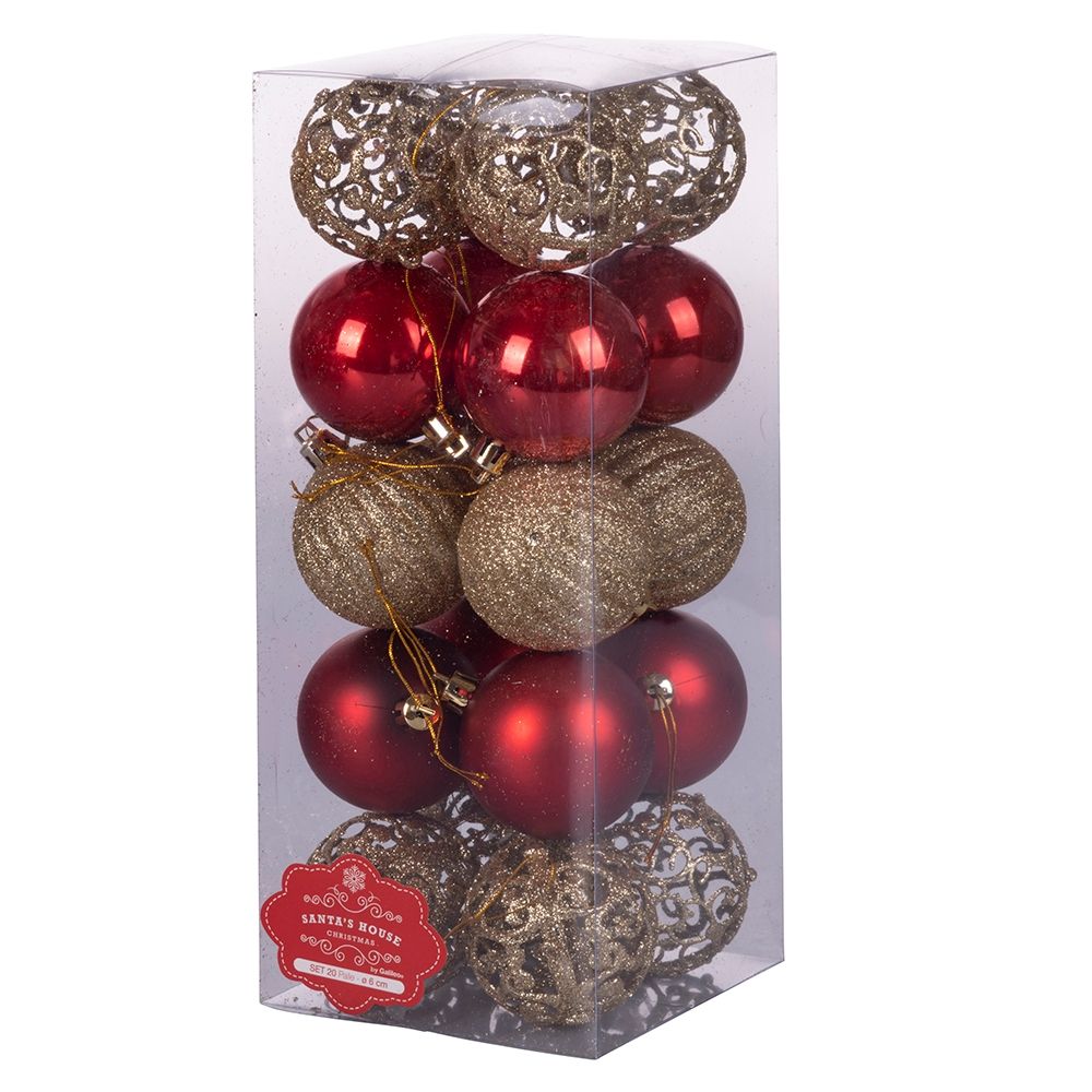 Palline natalizie assortite diametro 6 cm lucide satinate e glitterate set 20 pezzi Santa's House