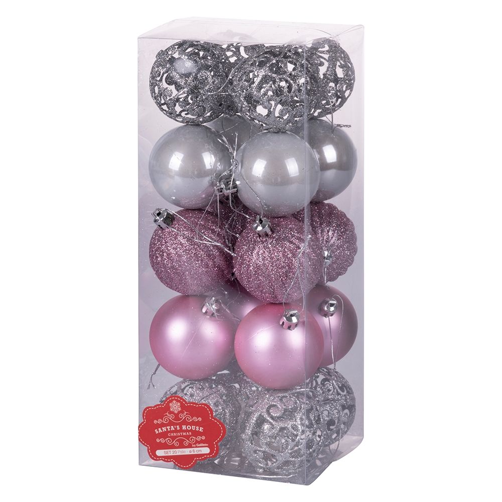 Palline natalizie assortite diametro 6 cm lucide satinate e glitterate set 20 pezzi Santa's House