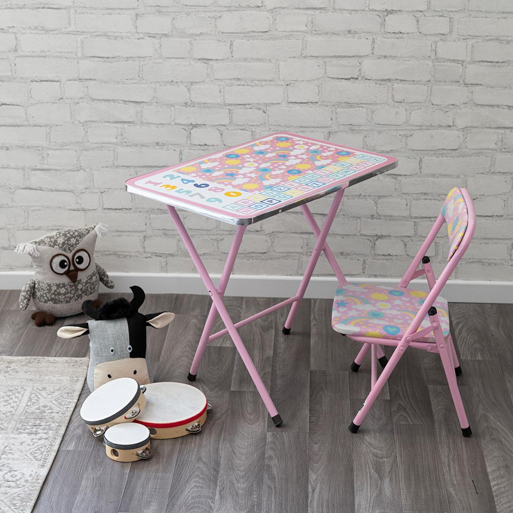 Scrivania set mini tavolo e sedia pieghevoli con struttura in metallo decorato per bambini