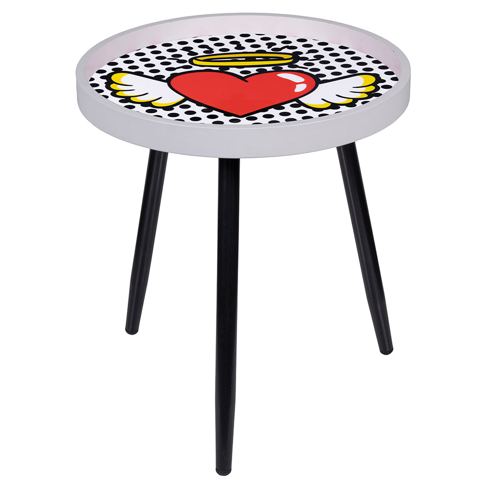 Tavolino tondo da salotto in legno 39,5x45 cm, top laccato decoro heart