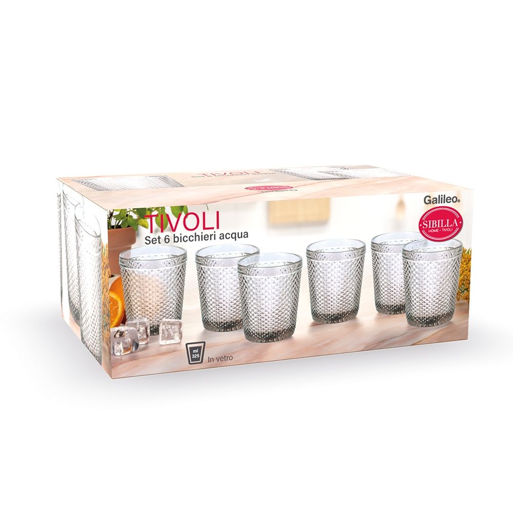 Bicchieri in vetro trasparente 325 ml con decoro in rilievo set 6 pezzi Tivoli