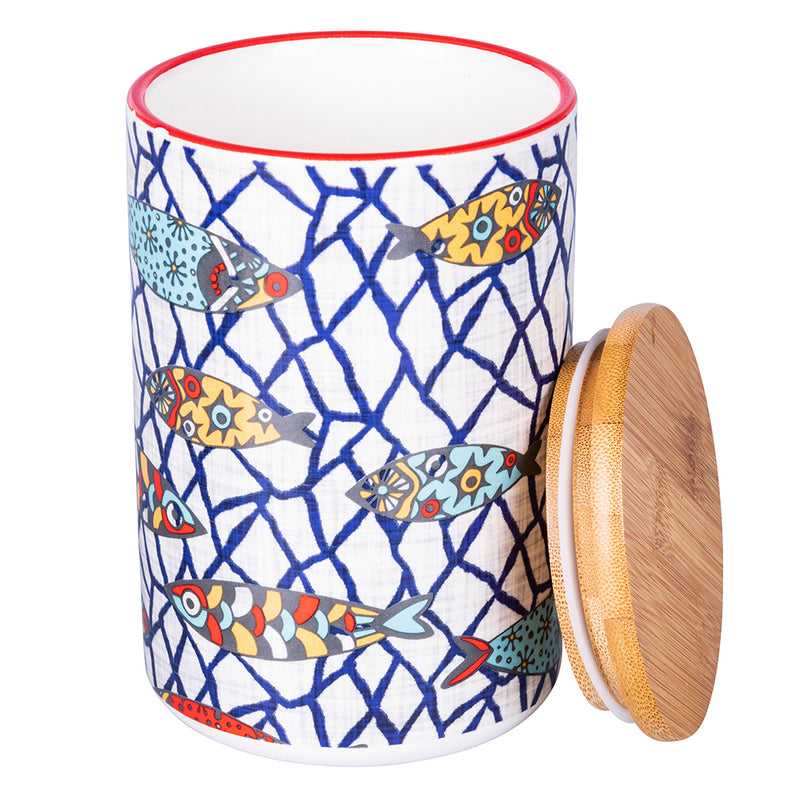 Barattolo 870 ml in ceramica, coperchio in bamboo, decoro marino, Los Cabos